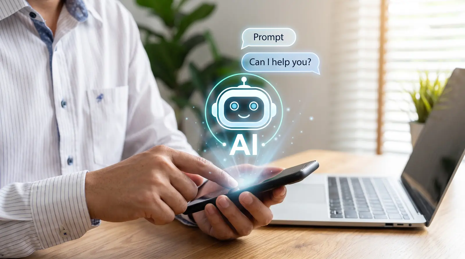 A small-business owner asking an AI chatbot assistant a question on a smartphone.