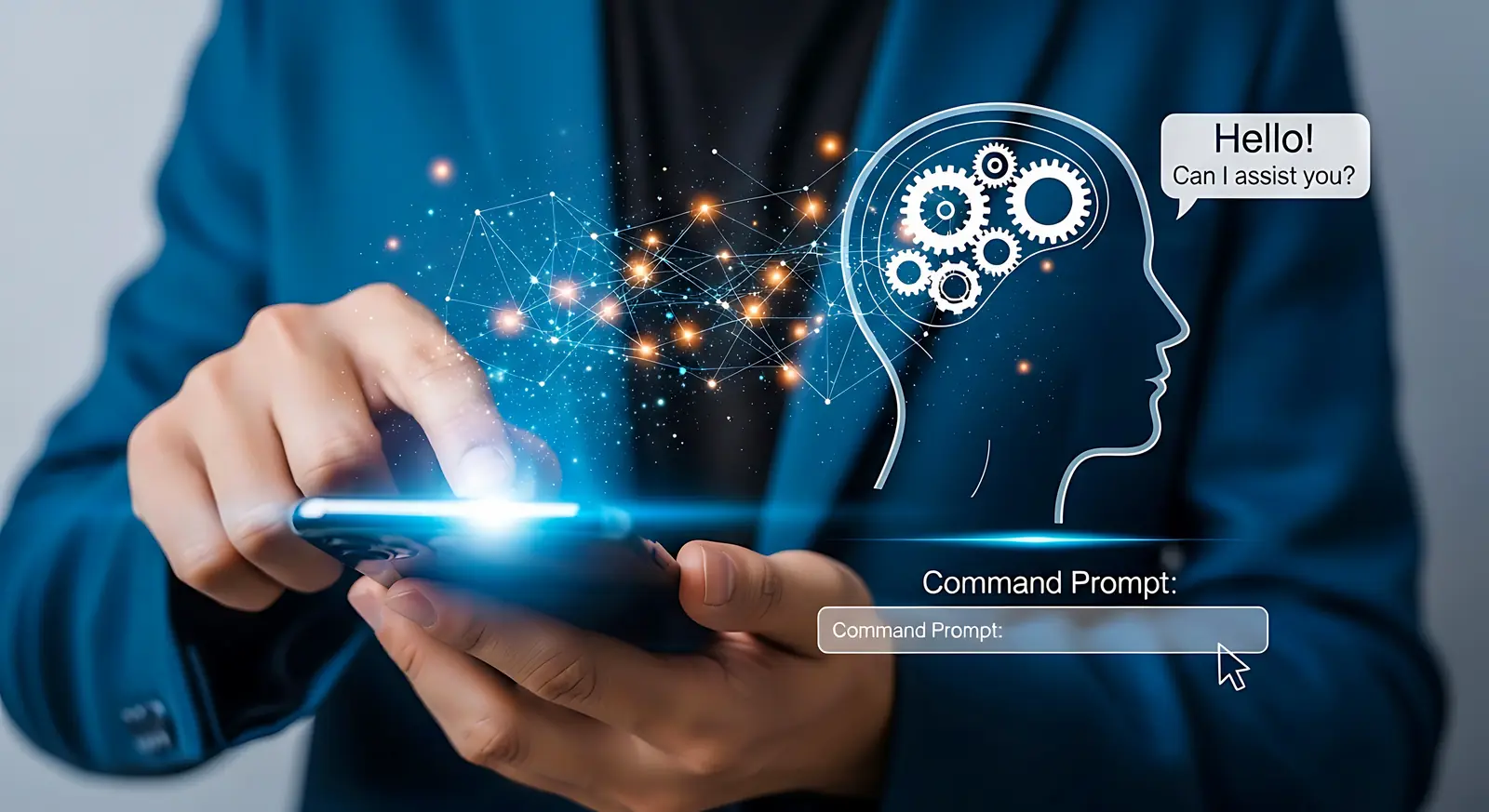 An AI assistant interpreting a command prompt from a smartphone — how AI search engines read and answer queries.