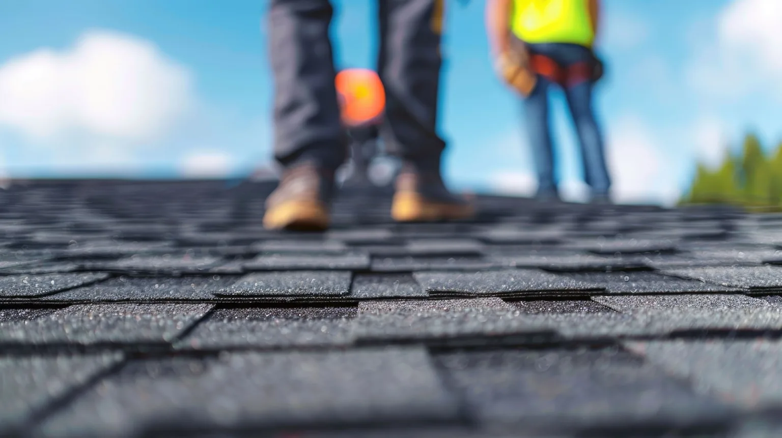 Roof inspection being performed on a shingle roof after storm damage