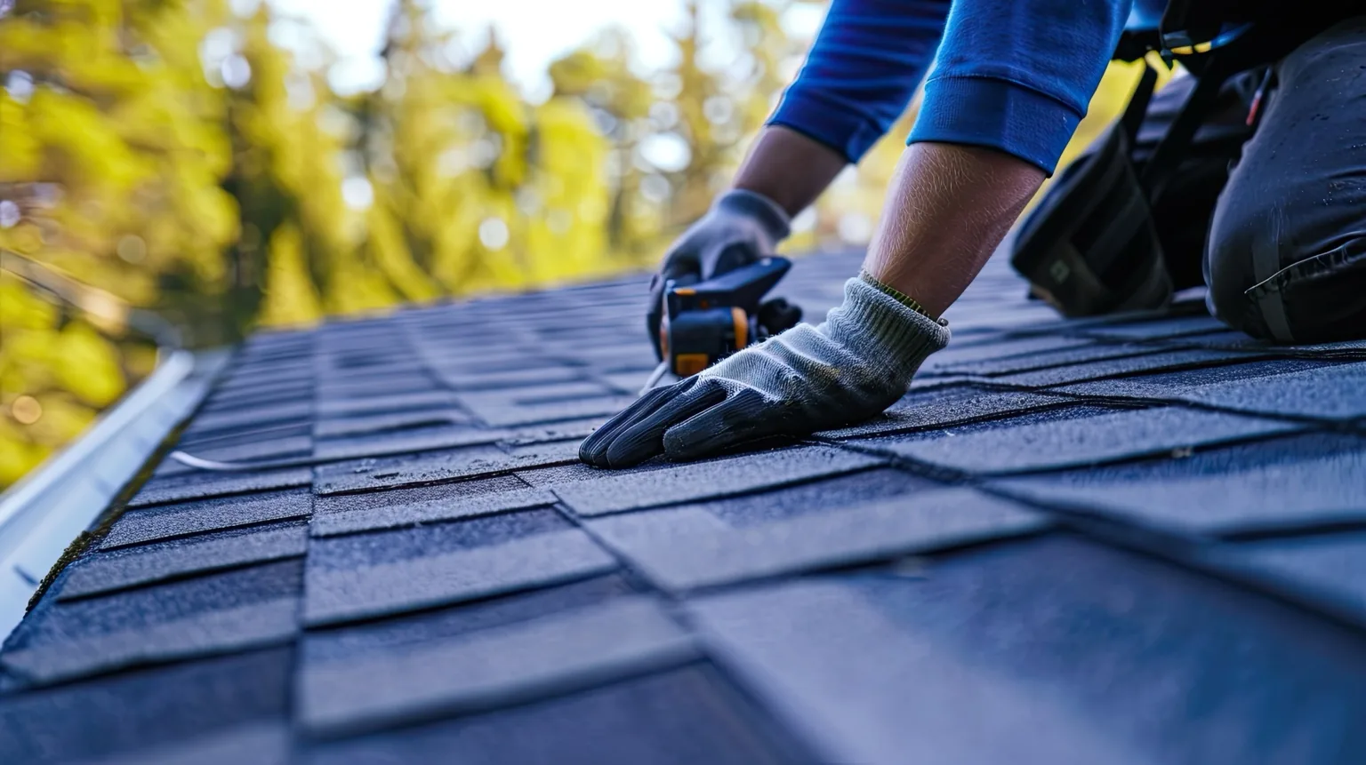 Close-up of roofing shingle installation on a residential home